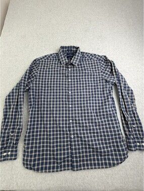 Indian Terrain Mens L Slim Fit Long Sleeve Button Down Shirt Blue Tan Plaid